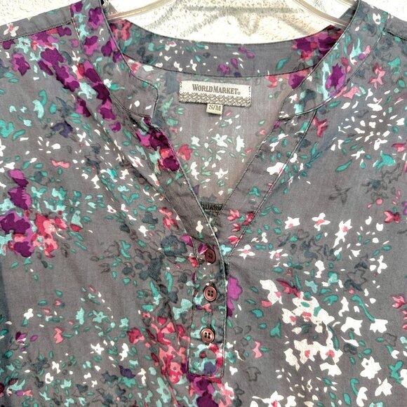 World Market V-NecK Top HoLo Hem Roll Tab Slvs MultiColor Cotton Size Small Med - Picture 5 of 8